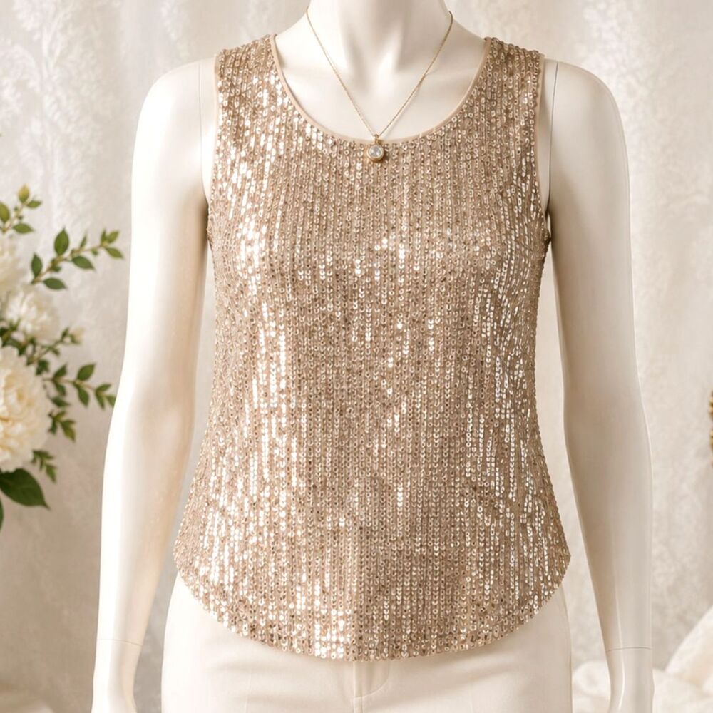 DKNY Vintage Y2K Gold Sequin Tank Top Sleeveless Sparkle Evening Party Top XS
